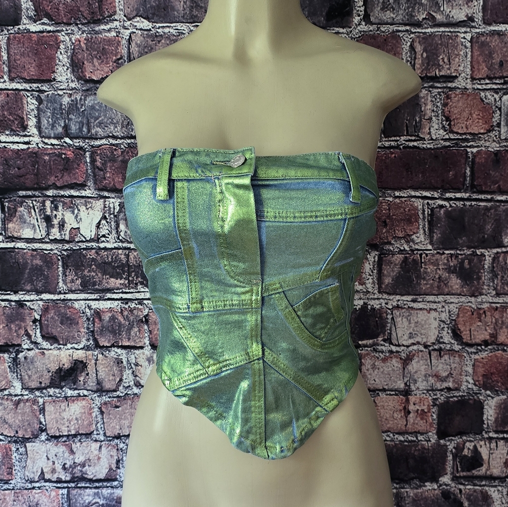 AKIRA Shimmering Green Strapless Crop Top